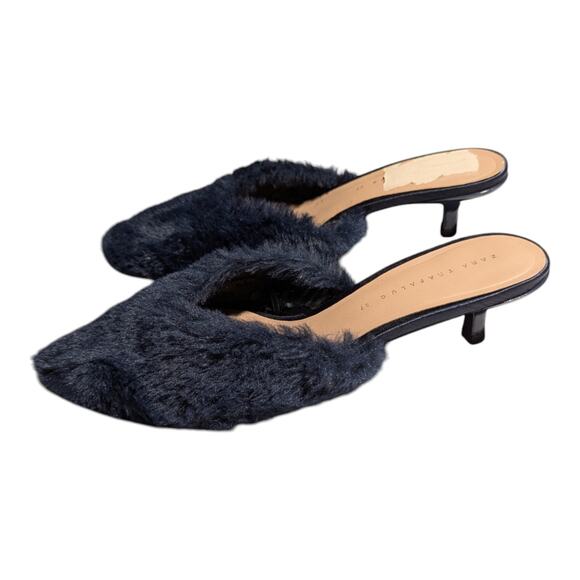 Zara Navy Blue Faux Fur Fuzzy Fluffy Kitten Heel Pointed Toe Mules Sz 37 6.5 - Picture 7 of 7